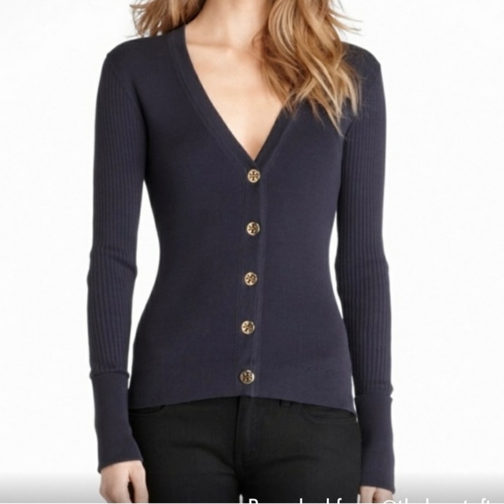 Euc Tory Burch Women’s Navy Blue Simone Button-Front Wool Cardigan, Size Xs
